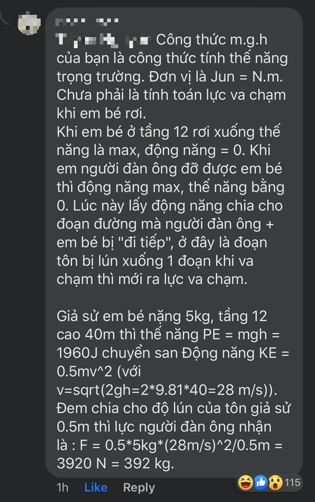 Một người khác đưa ra kết quả là 392kg nếu giả sử em bé nặng 5kg, tầng 12 cao 40m. Một người khác đưa ra kết quả là 392kg nếu giả sử em bé nặng 5kg, tầng 12 cao 40m.