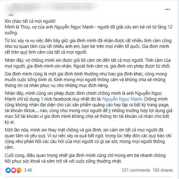 Vợ anh Mạnh lên tiếng để tránh hình ảnh chồng bị kẻ xấu trục lợi. Ảnh: FB Vợ anh Mạnh lên tiếng để tránh hình ảnh chồng bị kẻ xấu trục lợi. Ảnh: FB
