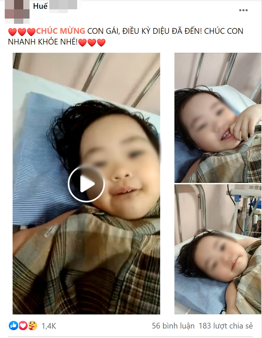 Hình ảnh bé gái trên FB chị Huế. Ảnh chụp màn hình