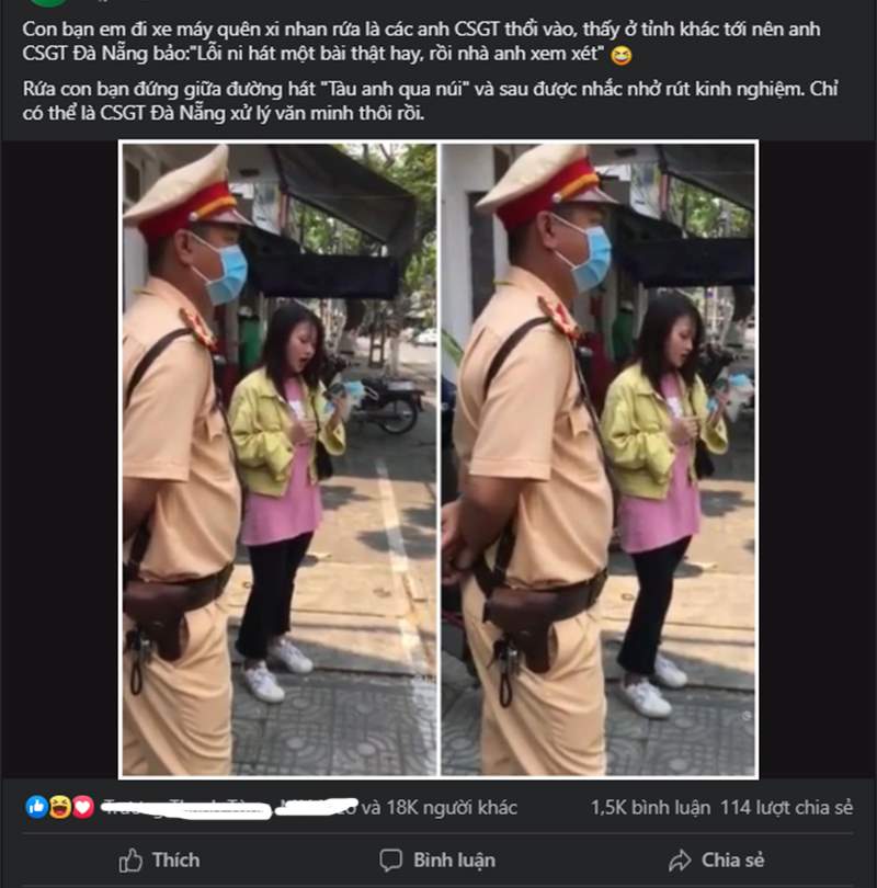 Khoảnh khắc dễ thương của chiến sỹ CSGT. Ảnh: FB Khoảnh khắc dễ thương của chiến sỹ CSGT. Ảnh: FB