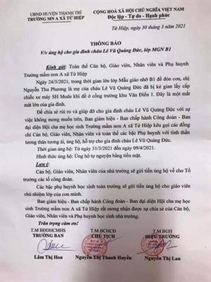 Thông báo phát ra đã gây nhiều tranh cãi trong các phụ huynh. Ảnh: NLĐ Thông báo phát ra đã gây nhiều tranh cãi trong các phụ huynh. Ảnh: NLĐ
