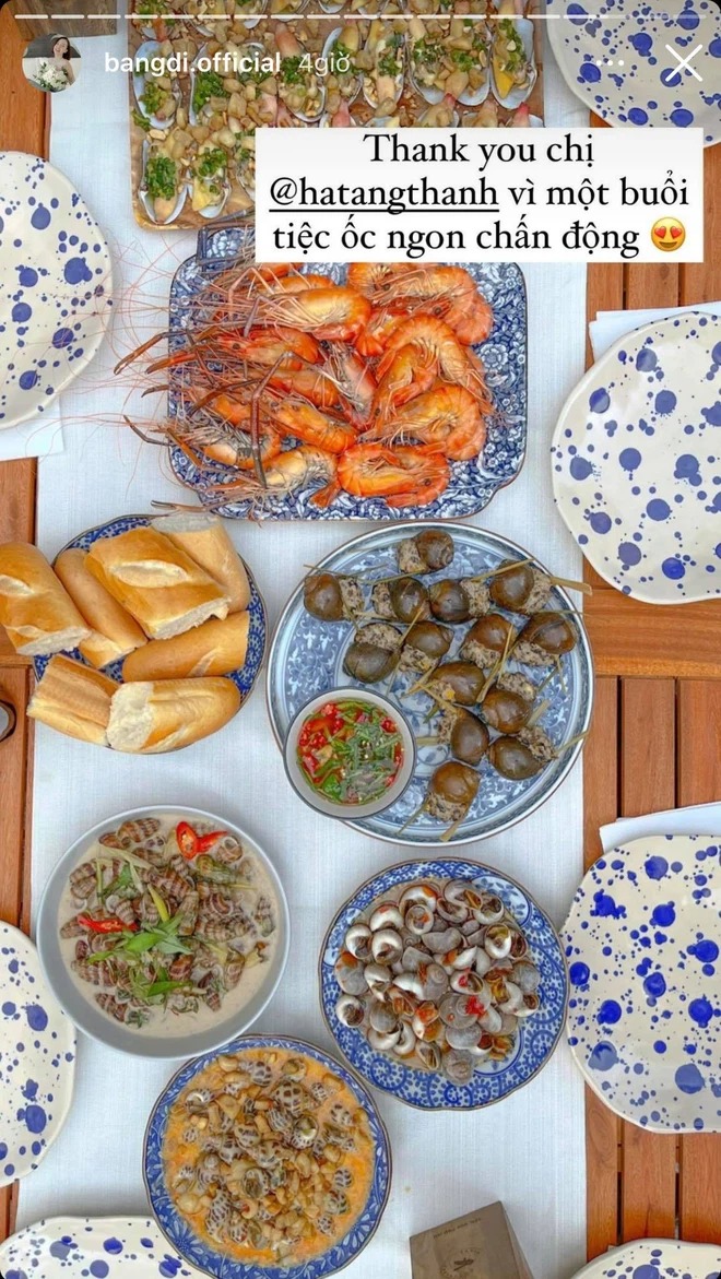 Băng Di thì chia sẻ đã có 1 buổi tối 'chấn động' vì được ăn toàn món ngon nhờ bàn tay của Tăng Thanh Hà.