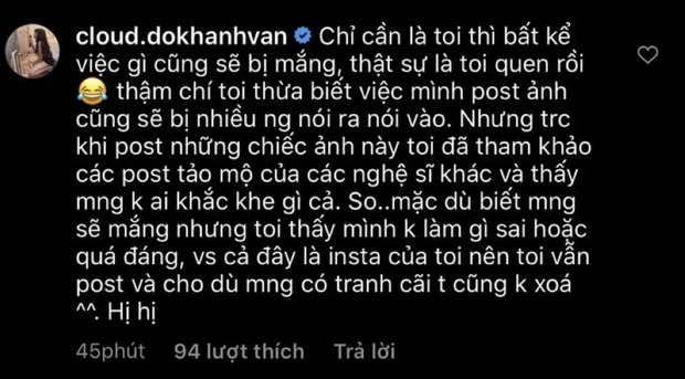 Khánh Vân đã lường trước được những tranh cãi khi đăng hình. Khánh Vân đã lường trước được những tranh cãi khi đăng hình.