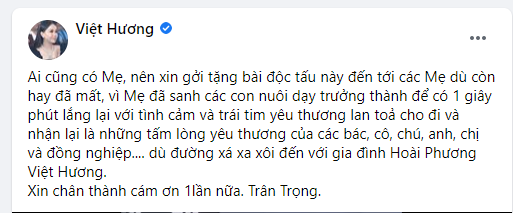 Việt Hương gửi lời cảm ơn đến mọi người đã tới viếng thăm, chia buồn.