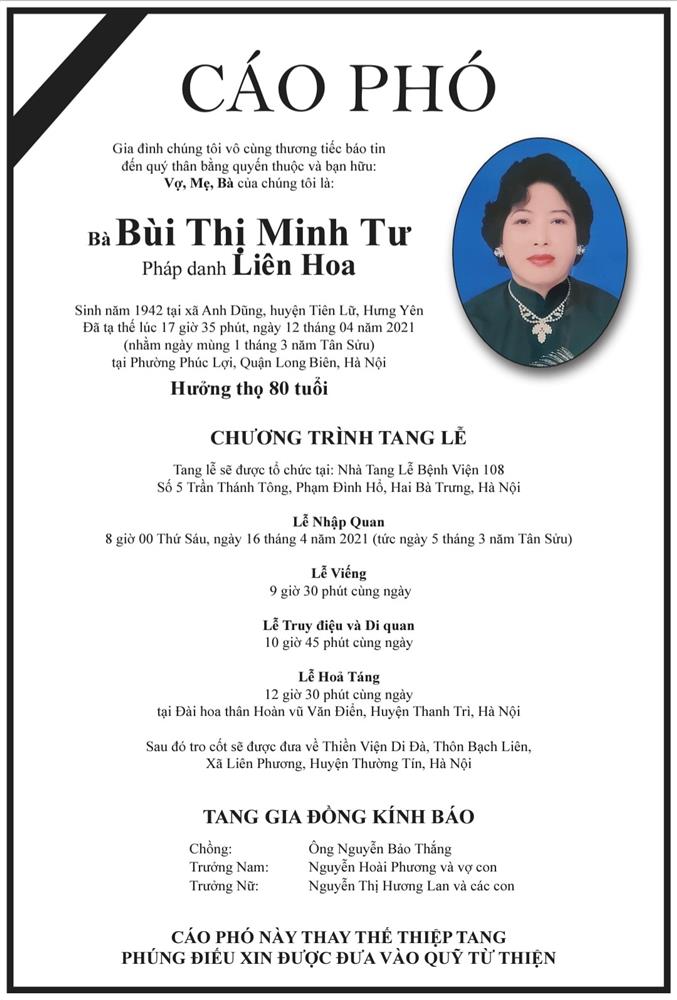 Nữ nghệ sĩ Việt Hương đã đau buồn thông báo tin mẹ chồng cô và cũng chính là mẹ ruột của nhạc sĩ Hoài Phương đã qua đời. 'Con chào mẹ, cám ơn mẹ đã yêu con như con gái!', Việt Hương xúc động chia sẻ.