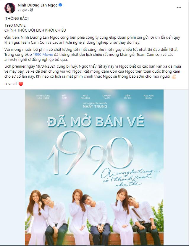 Trong khi Ninh Dương Lan Ngọc, Diễm My 9x đã có bài đăng thông báo về việc hoãn chiếu 1990 thì Nhã Phương không hề có đông thái tương tự 2 người đồng nghiệp.