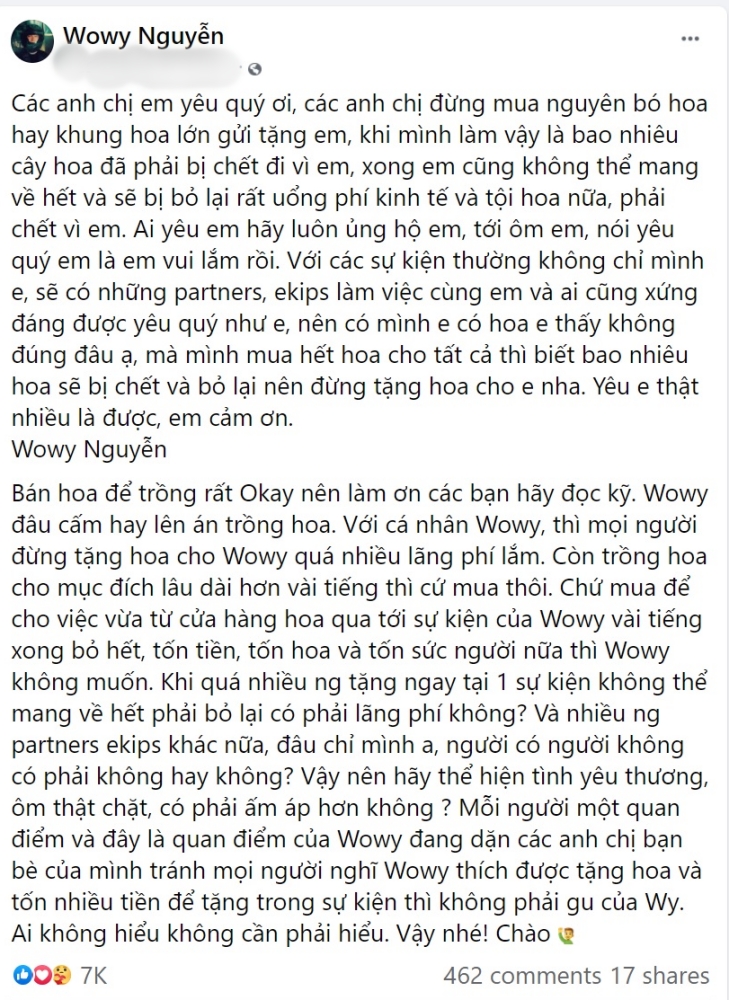 Wowy bị kêu 'làm màu' khi đề nghị mọi người đừng tặng hoa để bảo vệ môi trường Wowy bị kêu 'làm màu' khi đề nghị mọi người đừng tặng hoa để bảo vệ môi trường