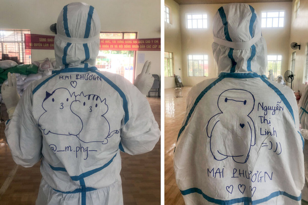 Dù đang làm việc nơi tuyến đầu chống dịch nhưng đội ngũ y bác sĩ vẫn giữ tinh thần lạc quan. Nữ sinh tên Mai Phương đã trổ tài vẽ hình lẫn thông tin liên hệ của mình trên lớp áo bảo hộ. Ảnh: FB Dù đang làm việc nơi tuyến đầu chống dịch nhưng đội ngũ y bác sĩ vẫn giữ tinh thần lạc quan. Nữ sinh tên Mai Phương đã trổ tài vẽ hình lẫn thông tin liên hệ của mình trên lớp áo bảo hộ. Ảnh: FB