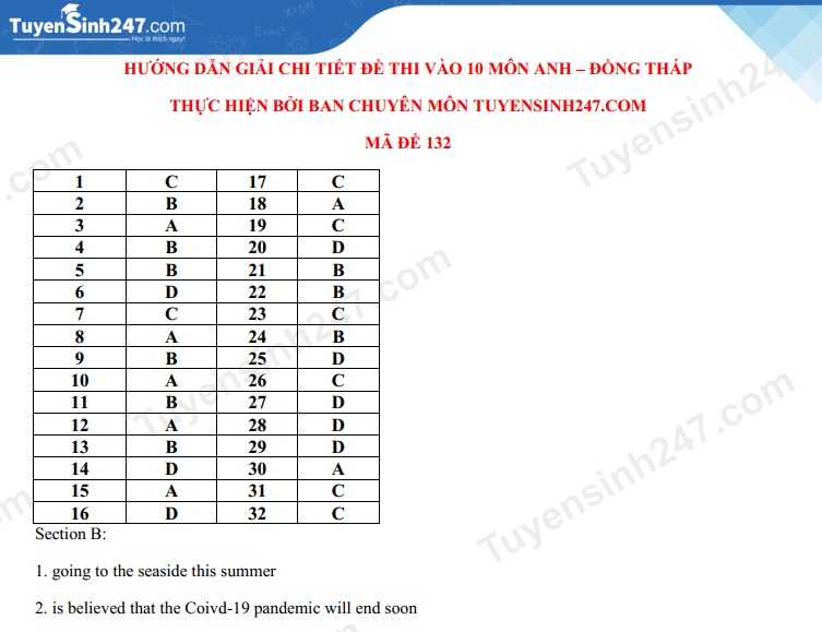 Đáp án đề thi vào lớp 10 môn tiếng Anh tỉnh Đồng Tháp năm 2021. Ảnh: TS247 Đáp án đề thi vào lớp 10 môn tiếng Anh tỉnh Đồng Tháp năm 2021. Ảnh: TS247