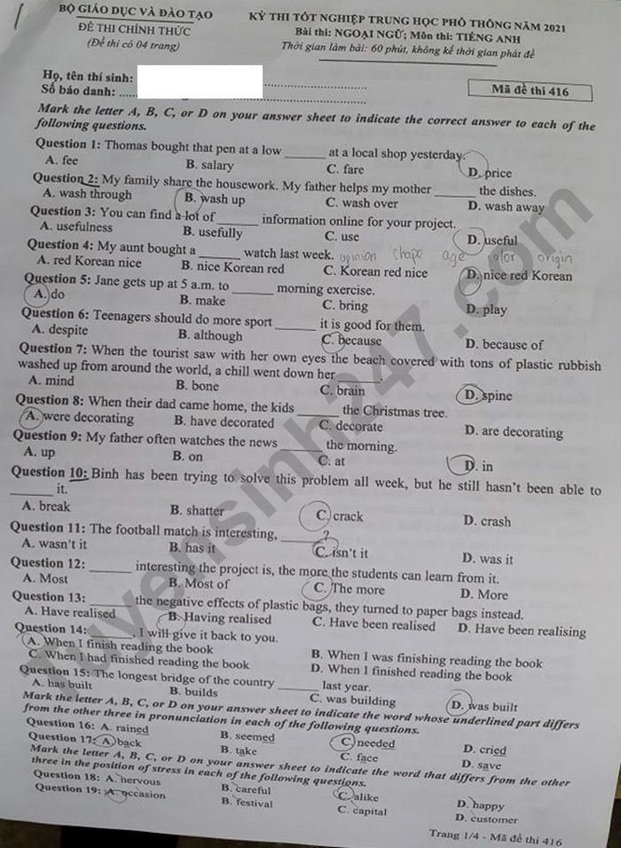 Đáp án môn Tiếng Anh thi THPT Quốc Gia 2021 mã đề 416 mới nhất Đáp án môn Tiếng Anh thi THPT Quốc Gia 2021 mã đề 416 mới nhất