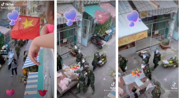 Hình ảnh người dân mừng rỡ, hoan hô, dùng điện thoại quay phim khi các anh chiến sĩ bộ đội đến để trao túi nhu yếu phẩmđược đăng tải khiến nhiều người xúc động.