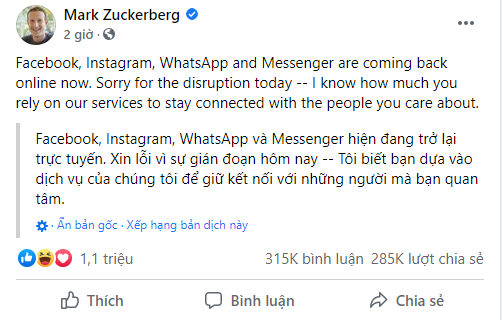 Mark Zuckerberg xin lỗi về sự cố sập FB trên toàn cầu. Mark Zuckerberg xin lỗi về sự cố sập FB trên toàn cầu.