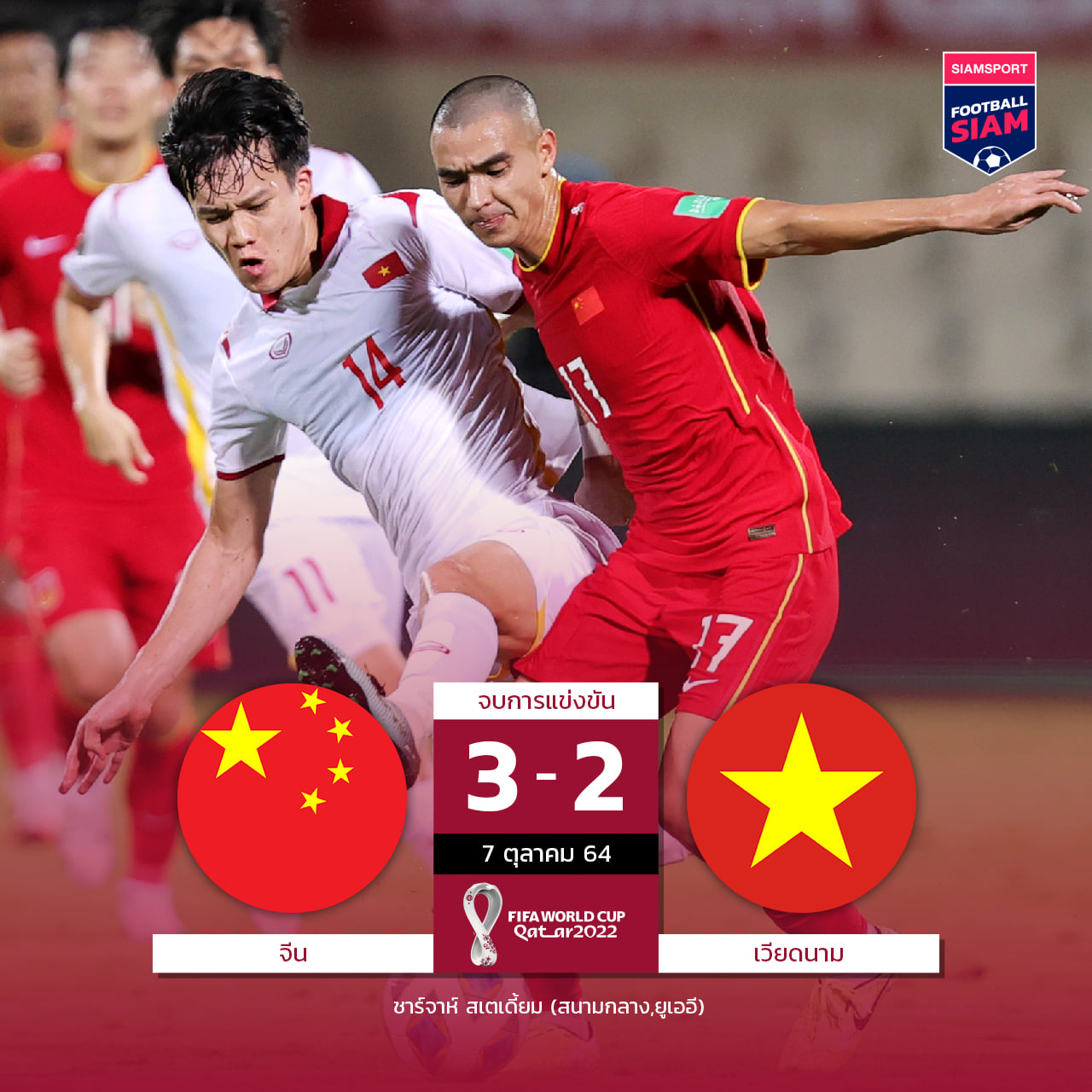 Hình ảnh được trang Facebook của tờ Siam Sport đăng tải về kết quả trận đấu giữa ĐT Việt Nam và ĐT Trung Quốc hôm 8/10.