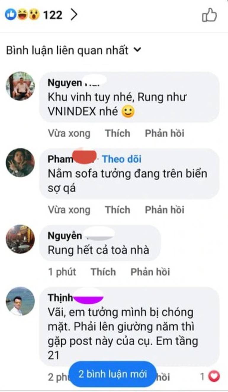 Trên khắp các diễn đàn ở khu vực Cầu Giấy, Hoàng Mai, Hai bà Trưng, người dân phản ánh sự rung lắc mạnh, nhất là ở các tòa nhà cao tầng, chung cư.