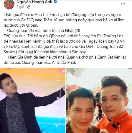 Xót xa bài đăng của ca sĩ Quang Toàn trước khi qua đời đột ngột tại sân bay Mỹ - Ảnh 1
