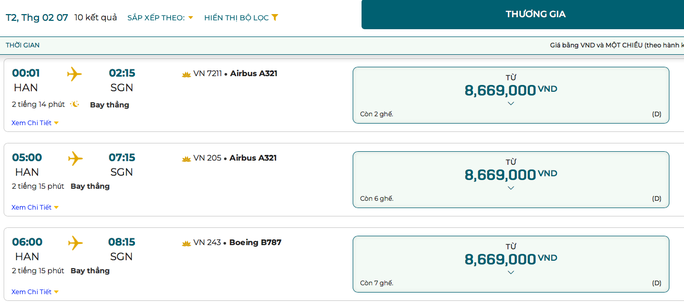 Chặng Hà Nội - TP HCM của một hãng hàng không chỉ còn hạng thương gia, giá vé từ 8,669 triệu đồng/chặng vào ngày 7 Tết.