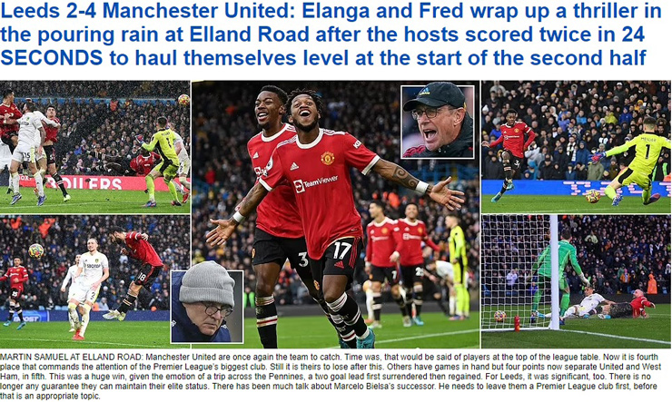 Báo chí Anh tỏ ra phấn khích với chiến thắng đầy kịch tính của Man -Utd trước Leeds tại vòng 26 Ngoại hạng Anh. Báo chí Anh tỏ ra phấn khích với chiến thắng đầy kịch tính của Man -Utd trước Leeds tại vòng 26 Ngoại hạng Anh.