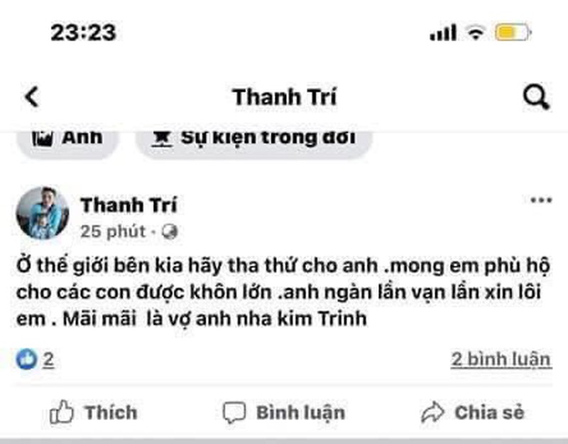Trước khi bị bắt giữ, Trí đăng dòng trạng thái xin vợ tha thứ. Ảnh chụp màn hình