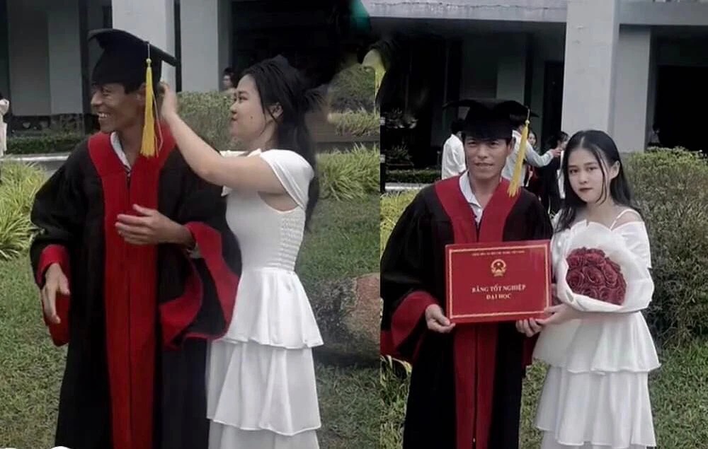 Vì quá hạnh phúc xen lẫn cảm động, bố nữ sinh đã rưng rưng nước mắt và mỉm cười một cách vô cùng mãn nguyện.