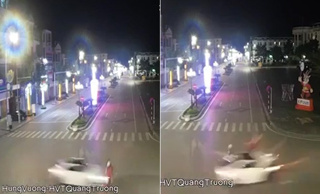 Hình ảnh ghi lại cho thấy, dù tới ngã tư giao nhau nhưng chiếc xe Audi do Thịnh điều khiển chạy rất nhanh và tông ngang vào xe máy. Va chạm mạnh khiến những người trên xe máy bị hất bay rất xa. Hình ảnh ghi lại cho thấy, dù tới ngã tư giao nhau nhưng chiếc xe Audi do Thịnh điều khiển chạy rất nhanh và tông ngang vào xe máy. Va chạm mạnh khiến những người trên xe máy bị hất bay rất xa.