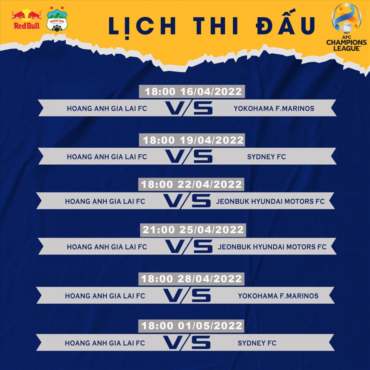Lịch thi đấu của HAGL tại bảng H- AFC Champions League. Ảnh: Internet