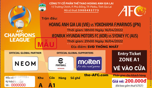 Mẫu vé dự khán các trận đấu tại bảng H- AFC Champions League. Ảnh: VFF