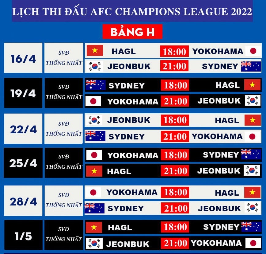 Lịch thi đấu bảng H- AFC Champions League 2022. Ảnh: Internet