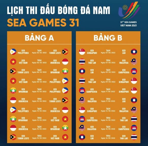 Lịch thi đấu môn bóng đá nam SEA Games 31. Ảnh: Internet Lịch thi đấu môn bóng đá nam SEA Games 31. Ảnh: Internet
