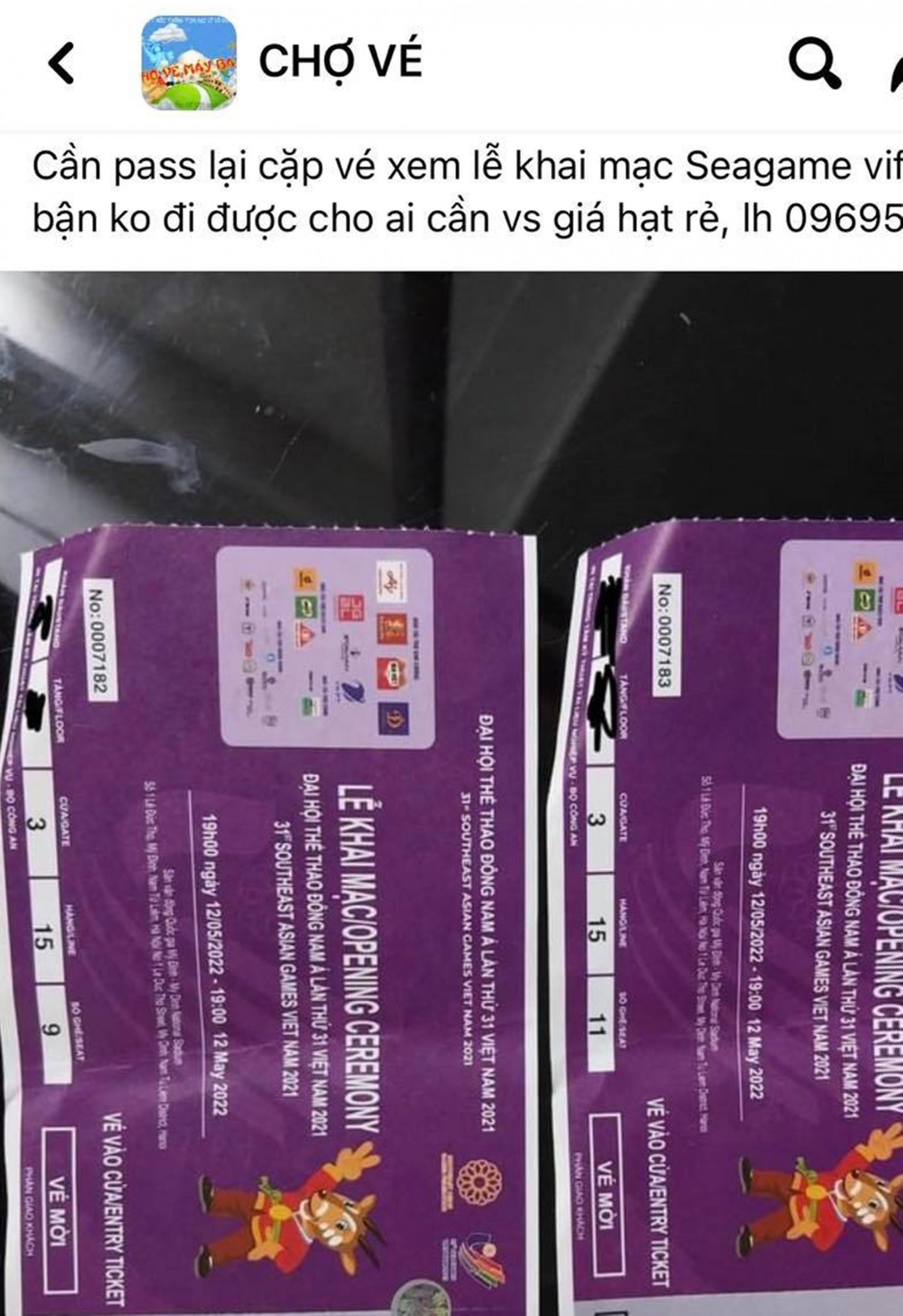 Vé mời khai mạc SEA Games 31 được rao bán công khai trên MXH. Ảnh: Internet