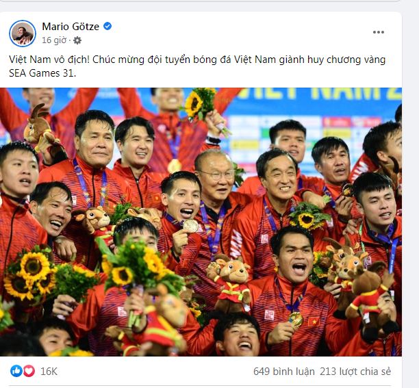 Fanpage chính chủ Mario Gotze gửi lời chúc đến U23 Việt Nam. Ảnh: Internet Fanpage chính chủ Mario Gotze gửi lời chúc đến U23 Việt Nam. Ảnh: Internet