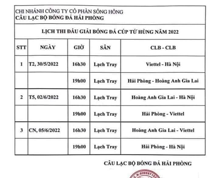 Lịch thi đấu giải Tứ Hùng tại Hải Phòng. Ảnh: Internet