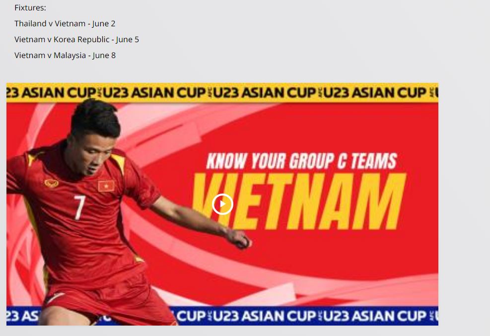 LĐBĐ châu Á (AFC) công bố danh sách U23 Việt Nam trên trang chủ. Ảnh: Internet