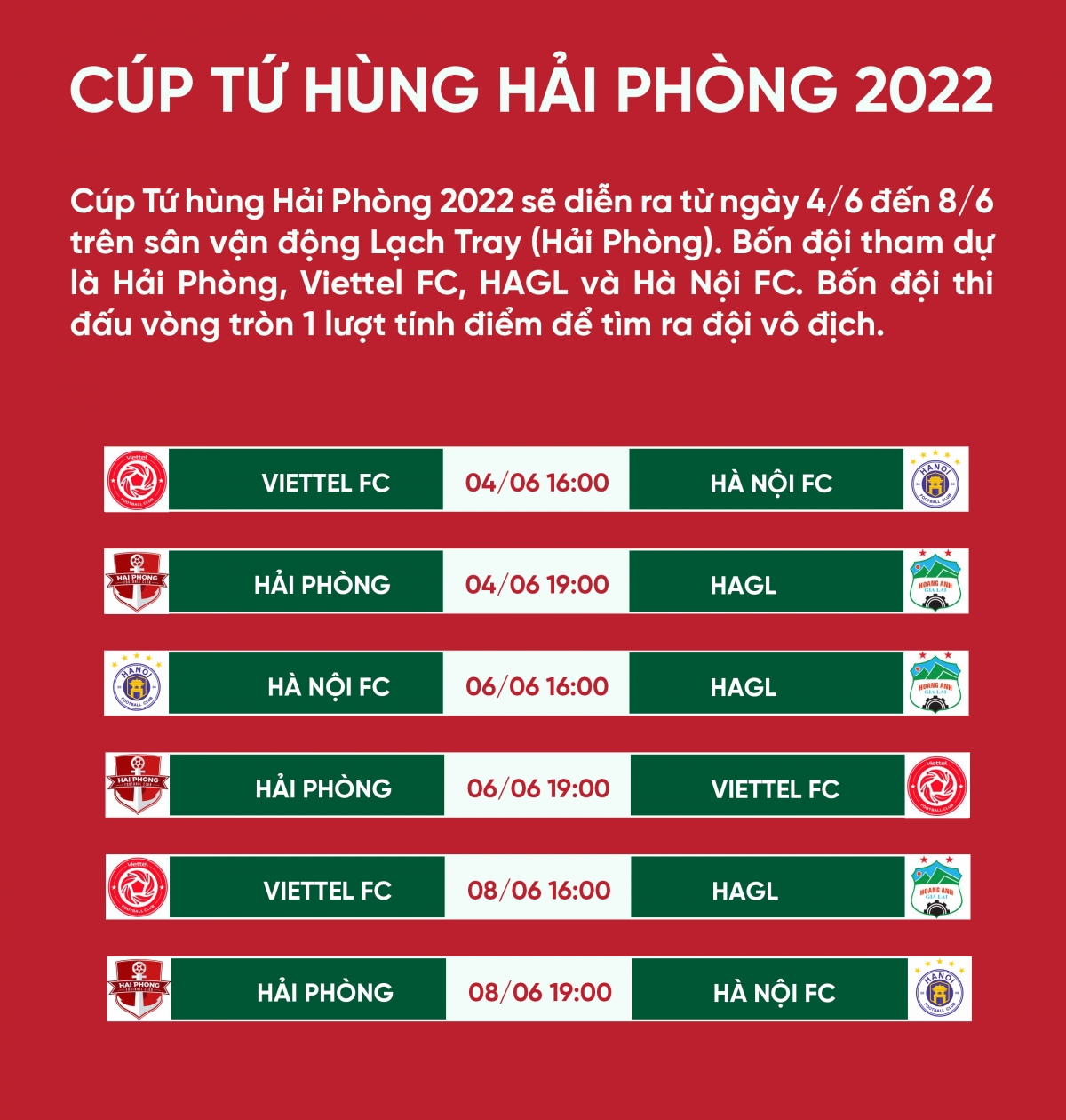Lịch thi đấu giải Tứ hùng 2022. Ảnh: Internet