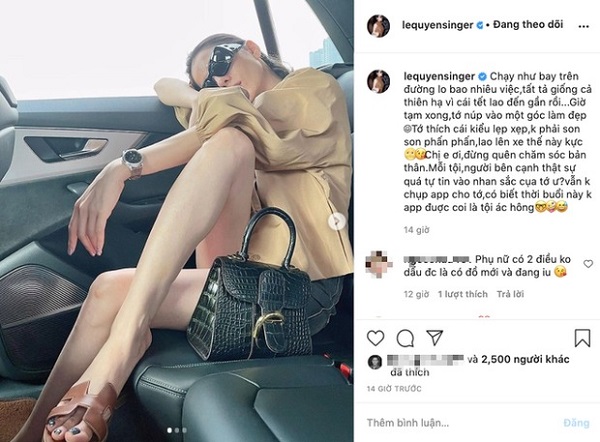 Lệ Quyên đăng ảnh tạo dáng 'hiểm hóc' trên xế hộp, dân tình chỉ để ý đến dòng nhắc khéo người bên cạnh: 'Người bên cạnh thực sự quá tự tin vào nhan sắc của tớ ư? Vẫn không chụp app cho tớ, có biết thời buổi này không chụp app được coi là một tội ác không?'.