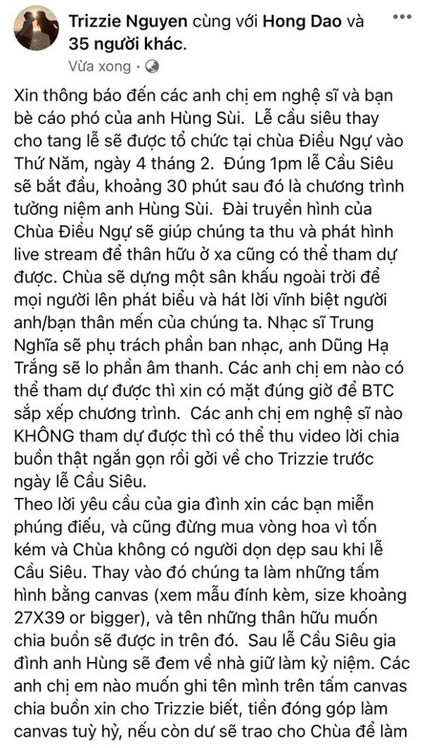 Vợ cũ Bằng Kiều đăng cáo phó cố NS Hùng Sùi, hé lộ thông tin tang lễ và lưu ý khi đến viếng.