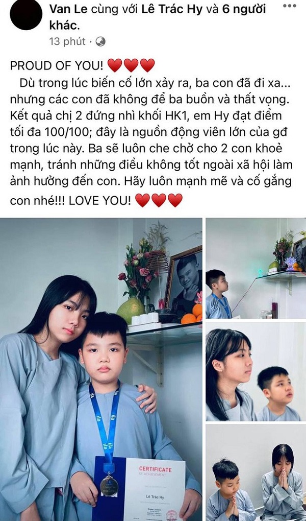 Vợ cũ Vân Quang Long hé lộ kết quả học tập khủng của 2 con, hình ảnh bé út cầm giấy khen trước bàn thờ bố khiến dàn sao Việt xúc động