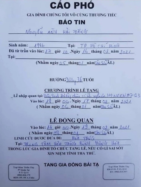 Cáo phó tang lễ của diễn viên Hải Đăng: Hé lộ thời gian và địa điểm diễn ra lễ nhập quan, linh cữu sẽ được hỏa táng.