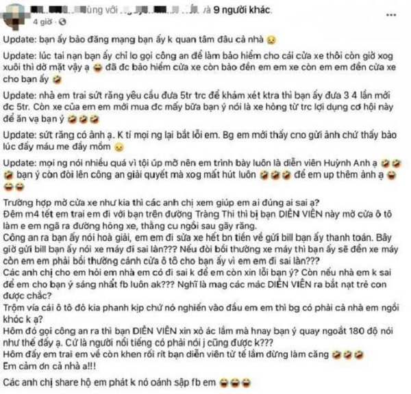 Huỳnh Anh lên tiếng trước thông tin lươn lẹo, trốn bồi thường khi gây tai nạn trên đường