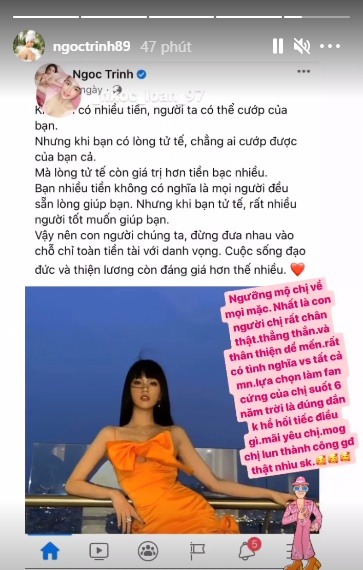 Ngọc Trinh được ca ngợi lối sống dù vướng vô số scandal. Cụ thể, cô công khai những lời khen từ fan hâm mộ trên trang cá nhân. Ngọc Trinh được ca ngợi lối sống dù vướng vô số scandal. Cụ thể, cô công khai những lời khen từ fan hâm mộ trên trang cá nhân.