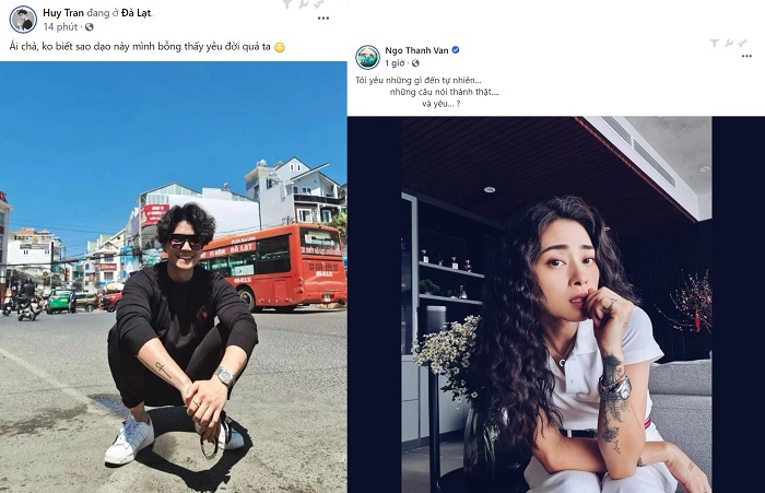 'Xỉu ngang' với màn đối đáp tình tứ của Huy Trần và Ngô Thanh Vân, cả hai ngày càng chăm thả 'cẩu lương' trên MXH. 'Xỉu ngang' với màn đối đáp tình tứ của Huy Trần và Ngô Thanh Vân, cả hai ngày càng chăm thả 'cẩu lương' trên MXH.
