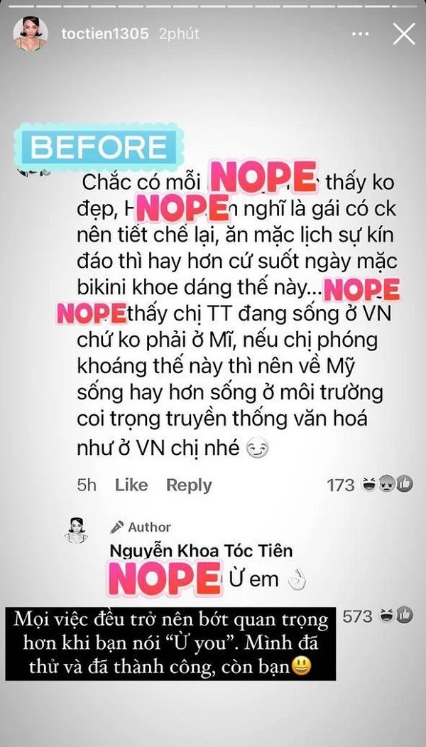 Tóc Tiên đụng độ 'thánh bình luận dạo', pha đáp trả khiến kẻ khơi mào 'cứng họng' (ảnh chụp màn hình) Tóc Tiên đụng độ 'thánh bình luận dạo', pha đáp trả khiến kẻ khơi mào 'cứng họng' (ảnh chụp màn hình)