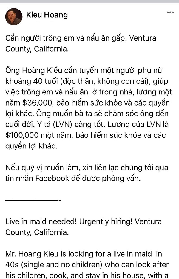 Tỷ phú Hoàng Kiều tuyển người phụ nữ chăm sóc mình cả đời (ảnh chụp màn hình) Tỷ phú Hoàng Kiều tuyển người phụ nữ chăm sóc mình cả đời (ảnh chụp màn hình)