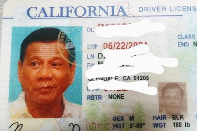Ảnh Tổng thống Philippines Rodrigo Duterte bị 'mượn' để làm bằng lái xe giả ở Mỹ. 