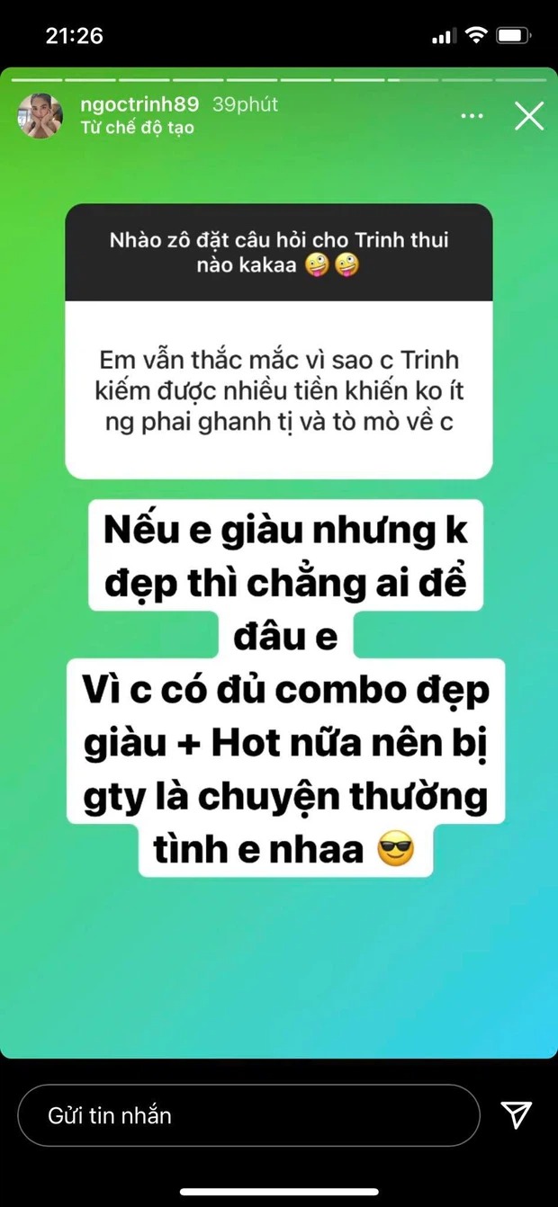 Nửa đêm Ngọc Trinh nổi hứng hỏi gì đáp nấy, giải đáp loạt câu hỏi tế nhị - Ảnh 4 Nửa đêm Ngọc Trinh nổi hứng hỏi gì đáp nấy, giải đáp loạt câu hỏi tế nhị - Ảnh 4