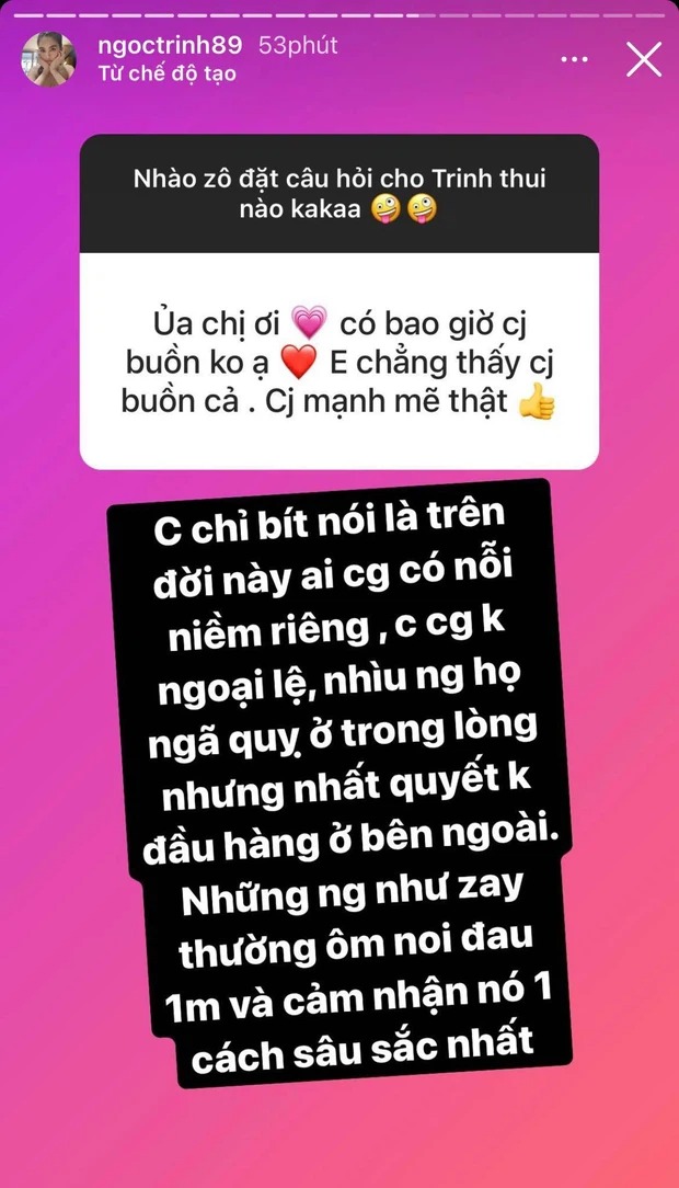 Nửa đêm Ngọc Trinh nổi hứng hỏi gì đáp nấy, giải đáp loạt câu hỏi tế nhị - Ảnh 1 Nửa đêm Ngọc Trinh nổi hứng hỏi gì đáp nấy, giải đáp loạt câu hỏi tế nhị - Ảnh 1