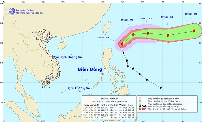 Hướng đi của bão Surigae (ảnh Trung tâm KTTVQG)