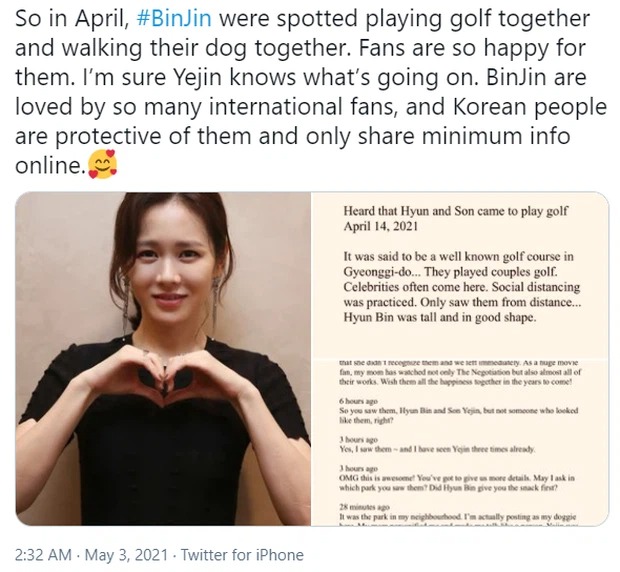 Bài đăng của tài khoản khẳng định đã gặp Hyun Bin hẹn hò Son Ye Jin