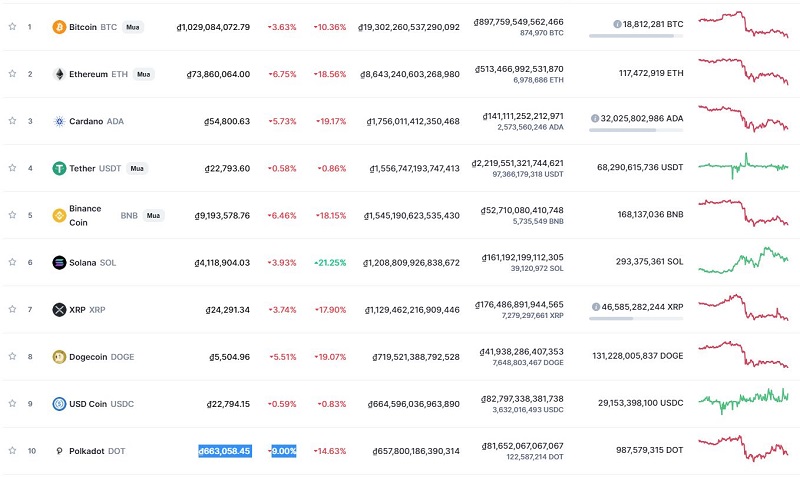 Top 10 đồng tiền hàng đầu theo giá trị thị trường ngày 11/9/2021 (Nguồn: CoinMarketCap) Top 10 đồng tiền hàng đầu theo giá trị thị trường ngày 11/9/2021 (Nguồn: CoinMarketCap)