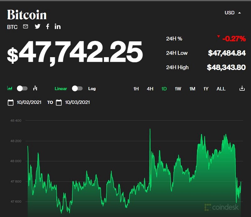 Chỉ số giá bitcoin hôm nay 3/10/2021 (Nguồn: CoinDesk)