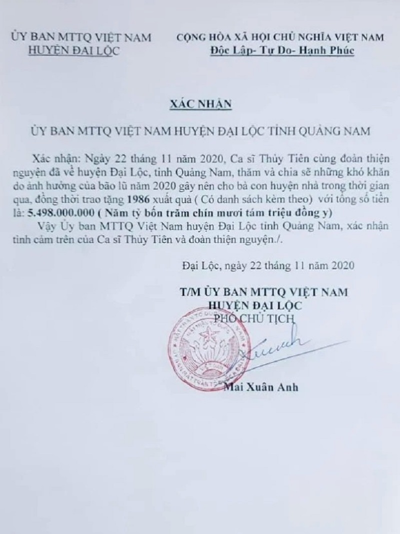 Thêm một tỉnh thành gây áp lực cho Thủy Tiên khi tung bằng chứng nhận tiền cứu trợ 3 Thêm một tỉnh thành gây áp lực cho Thủy Tiên khi tung bằng chứng nhận tiền cứu trợ 3